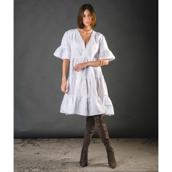 CLAUDE TULUM Dresses & Skirts - CLAUDE TULUM Natural Dress Tiered Cotton V-Neck Flounce 3/4 Sleeves White Medium
